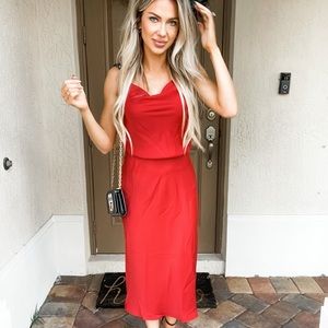 RED FLOWY MIDI DRESS